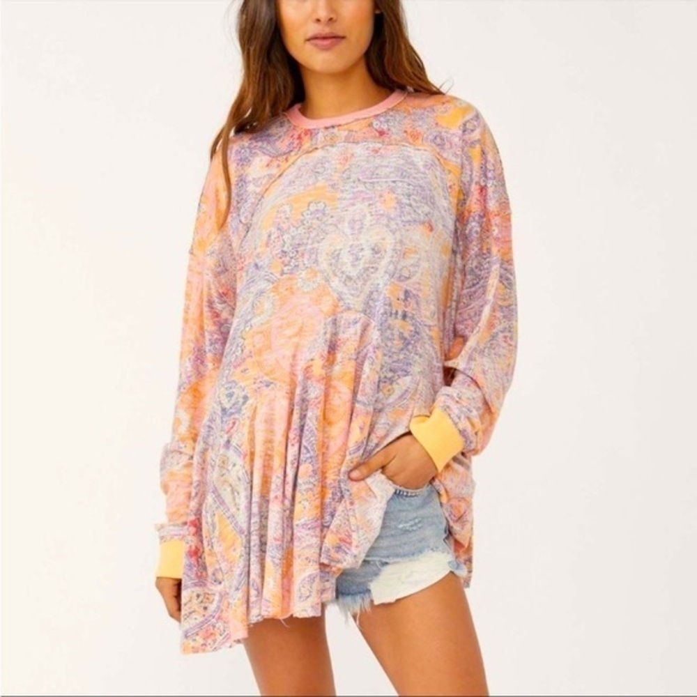 Free People Orange and Pink Paisley Long Sleeve Top sz M